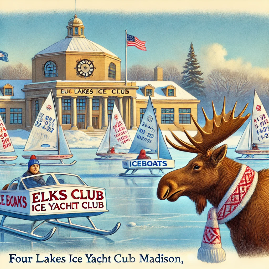 DALL·E 2024 11 01 11.03.42 A Cozy Winter Scene Featuring The Elks Club In Madison, Wisconsin, With Iceboats On A Frozen Lake In The Background. In The Foreground, A Friendly Moo